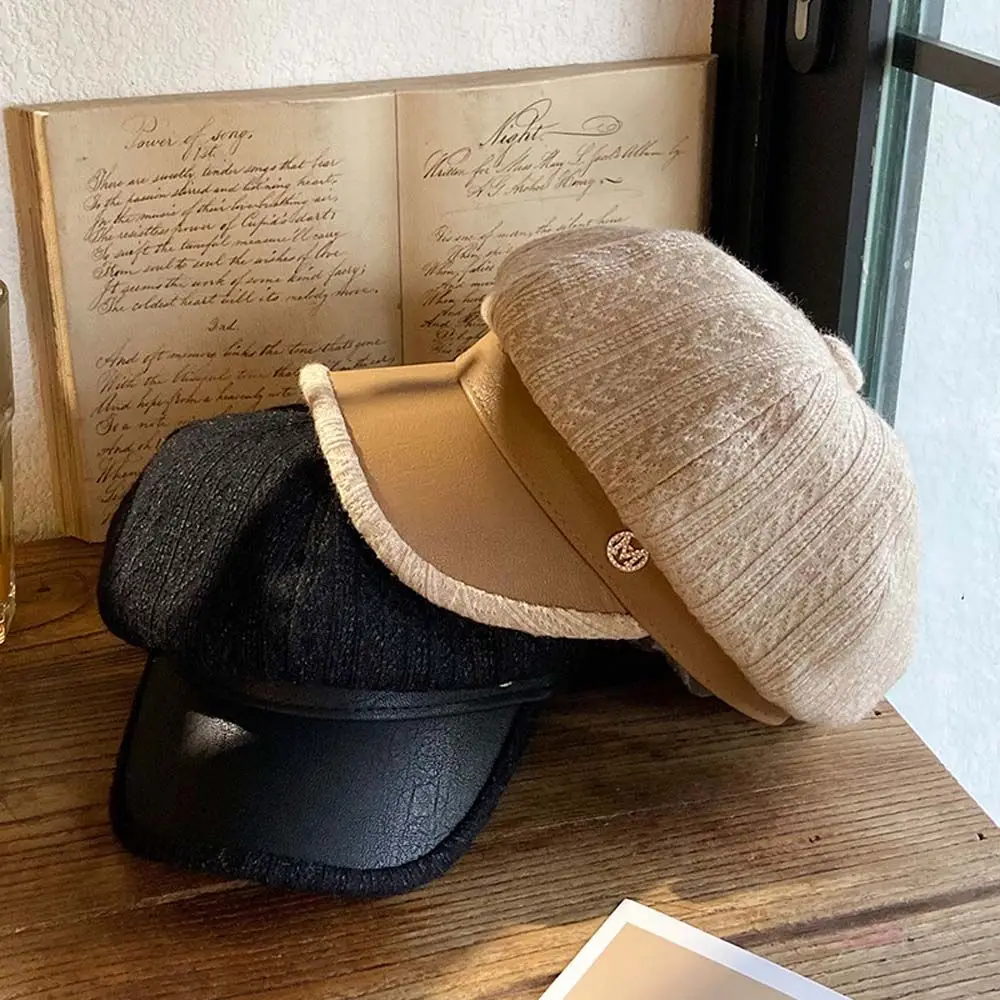 Girl Warm Autumn British Style With Diamond Little Fragrant Style Winter Women Berets Korean Style Hat Painter Hat PU Leather