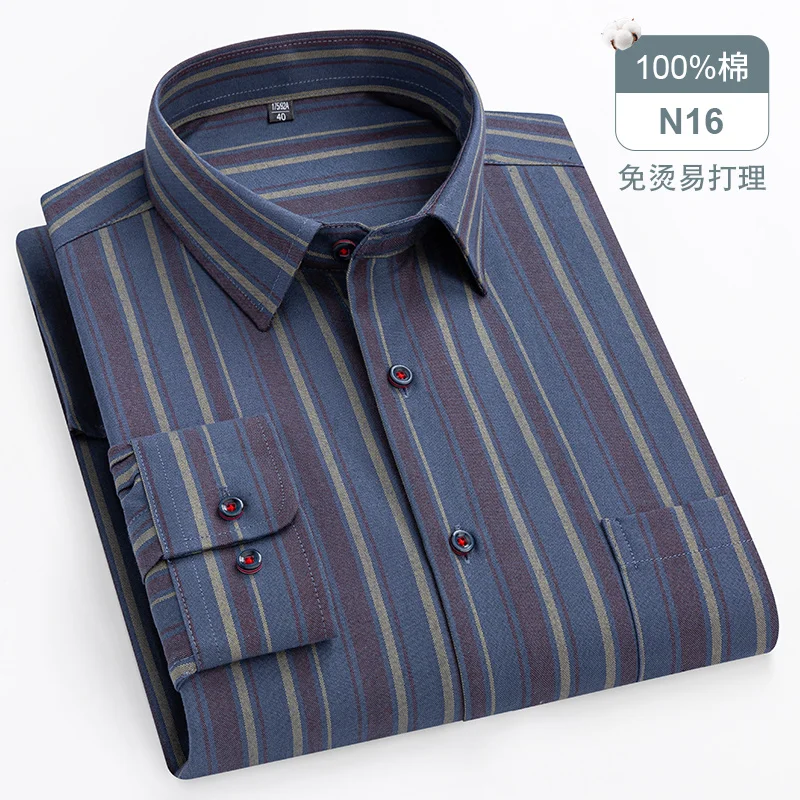 

Four Seasons Men's Oxford Striped Long Sleeve High Quality Pure Cotton Soft Comfort Slim Fit Man Dress Shirt for Male Large Size
