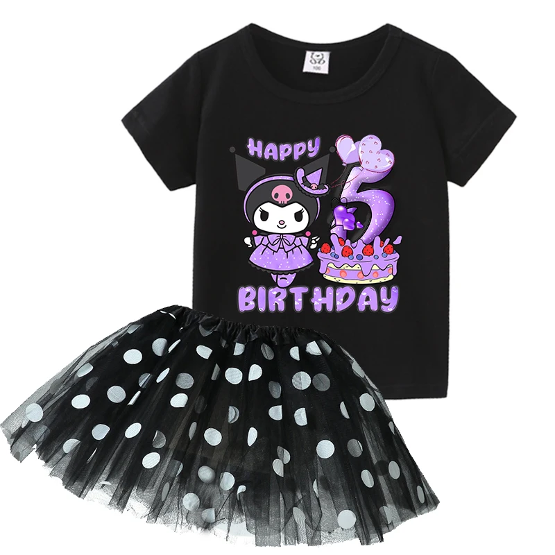 Conjunto de Ropa de Cumpleaños para Niña Kuromi, Camiseta con Número, Falda de Tul con Puntos, Traje de 2 Piezas, Vestido Corto de Tutú para Niña Pequeña, Camiseta de Manga Corta