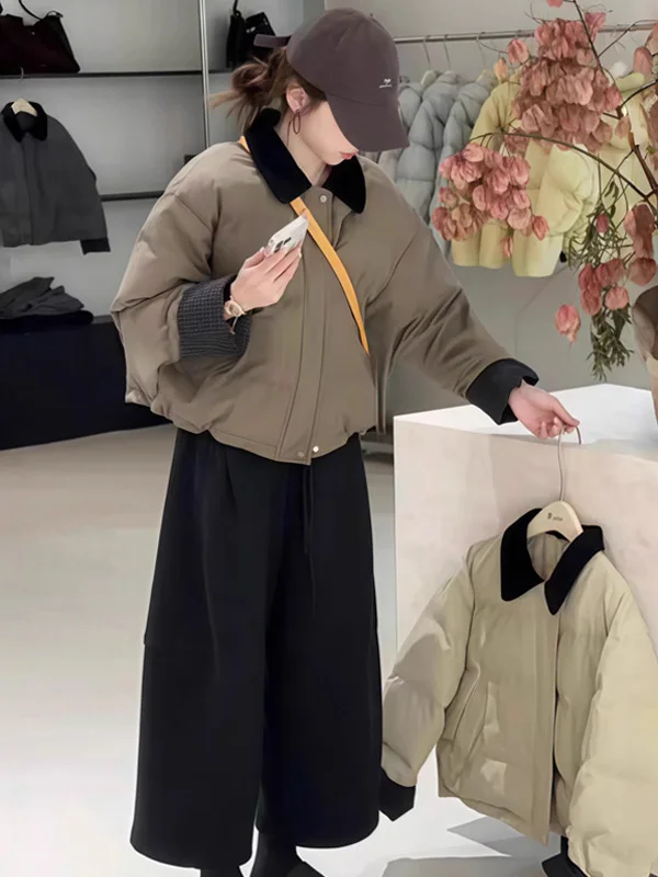 

Fashionable Collared Color Block Cotton Jacket Women's Thick Warm Pure Color Versatile Cotton Coat Korean Style Winter New Ar...
