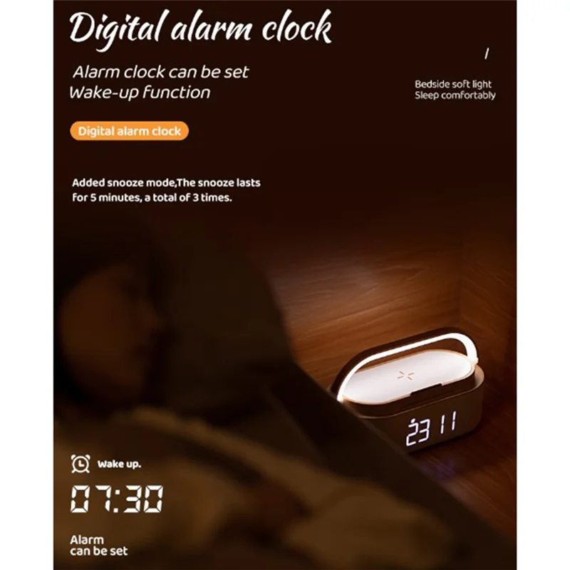 ワイヤレス充電器付きデジタル目覚まし時計,Bluetoothスピーカー,ラジオ,常夜灯,デュアルスピーカー,家庭用ベッドサイド,1800mAh
