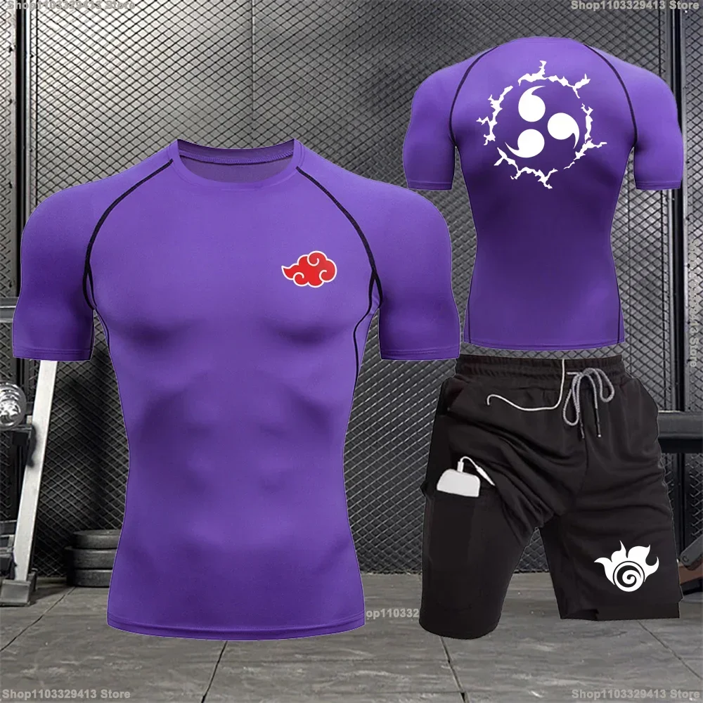 Sportswear de compressão respirável masculino, camiseta apertada, shorts de fitness, desgaste fitness, esportes ao ar livre, treinamento, verão,