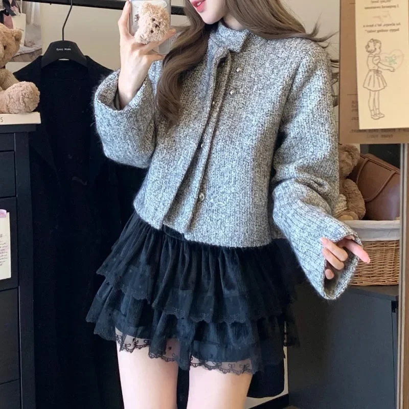 Autumn/Winter New Fashionable Versatile Elegant Design Sensibility Cropped Coarse Tweed Jacket Solid Color Stand Collar Long Sle