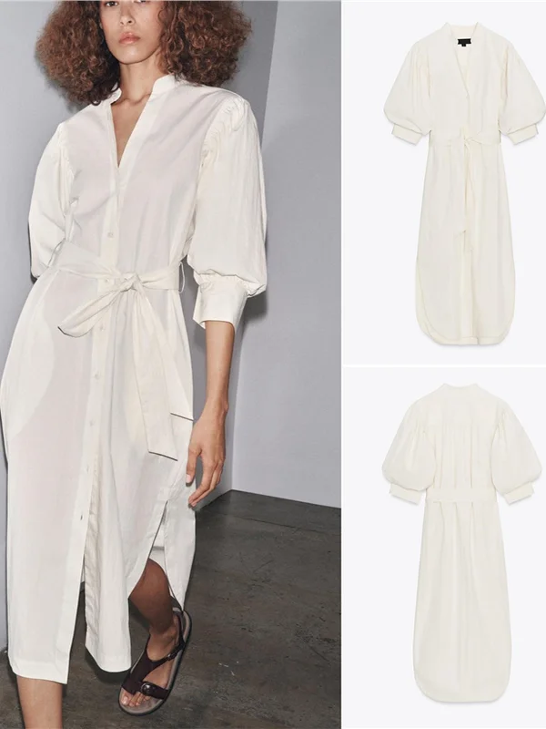 

Cleanfit Cotton Bubble Sleeve V-neck Shirt-style Dress with Bow-tie A-line Skirt for Women Autumn 2025 Wedding Party Dress