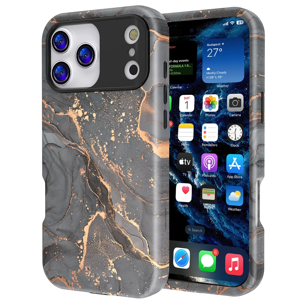 

Shockproof Hybrid 3in1 Triple Layer Stone Marble Pattern Phone Case For iPhone 17 Pro Max 16 15 14 13 12, Heavy Duty Hard Cover