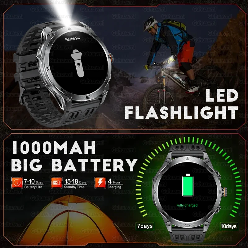 Men's 1000mAh Large Battery GPS Smartwatch LED Flashlight IP69K/10ATM Waterproof Health Monitoring Bluetooth Call Sports Watches