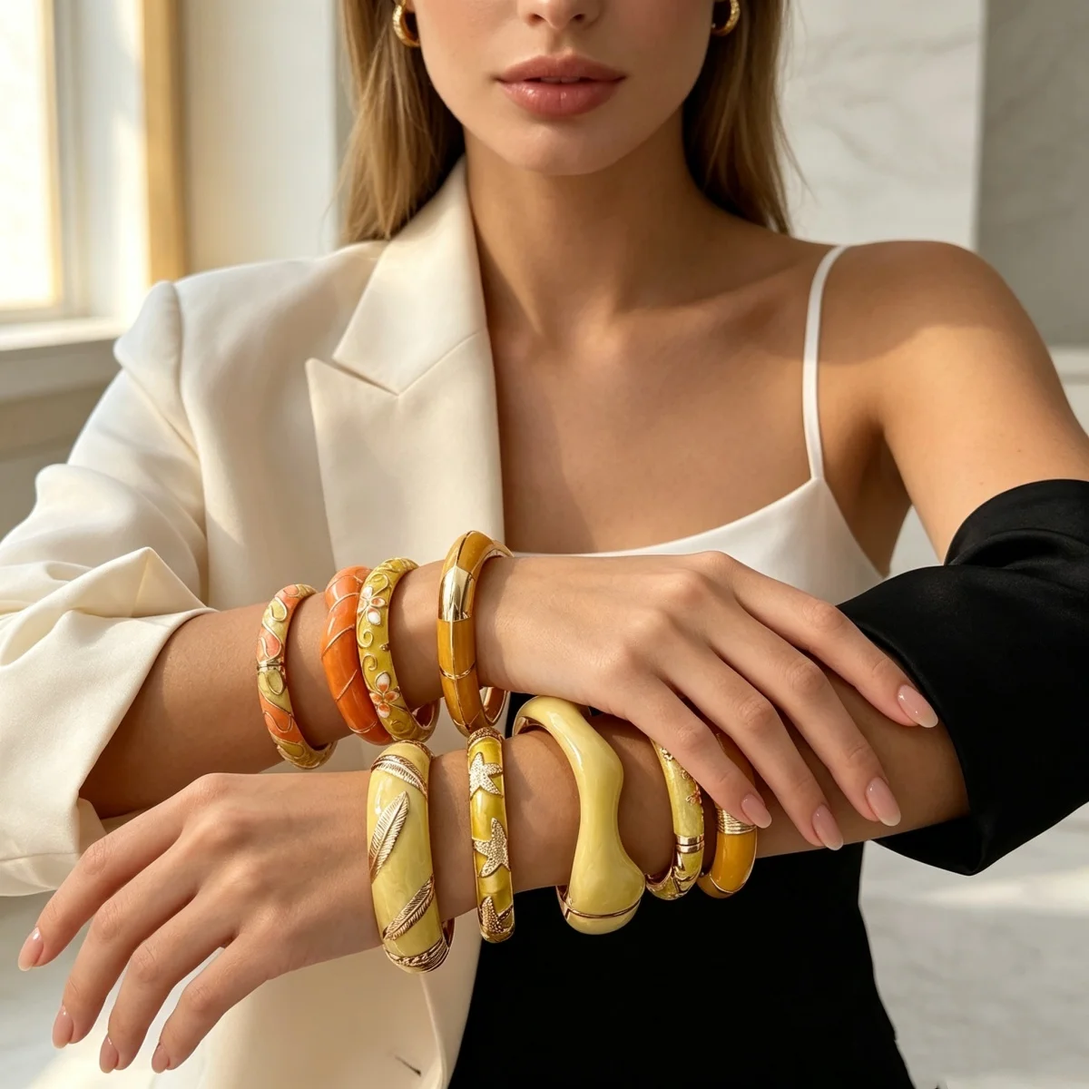 Modische Gelbe Emaille-Manschettenarmbänder für Damen und Herren, Retro-Stil mit Ast-, Wellen-, Stern-, Blatt-, Blumen- und Bambus-Motiven, Armschmuck – Detail 8