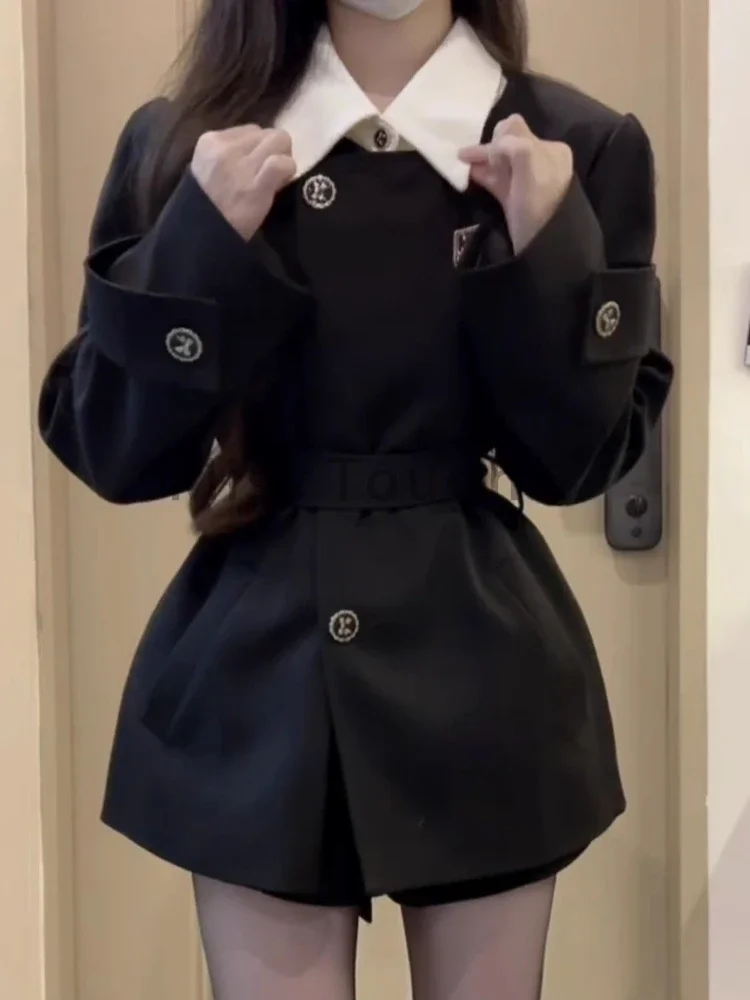 Preppy Style Fashion Slim 2-piece Set Women Design Chic Long Sleeve Solid Lace Up Coat Female + High Waist Short Pants Suit 2025
