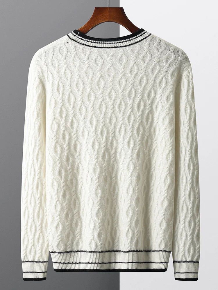 Autumn Winter Sweater Pullover Clothing 100% Merino Wool Basic Men's Sweater Casual Thicked Warm O-Neck Colorblock Jacquard Knit