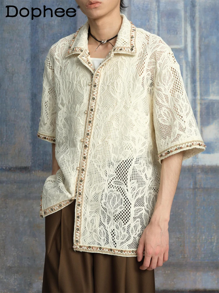 Men's 2025 Summer New Stylish Beaded Chic Shirts Male Knitted Jacquard Shirt Fashion Loose Comfort Breathable Short-sleeve Tops