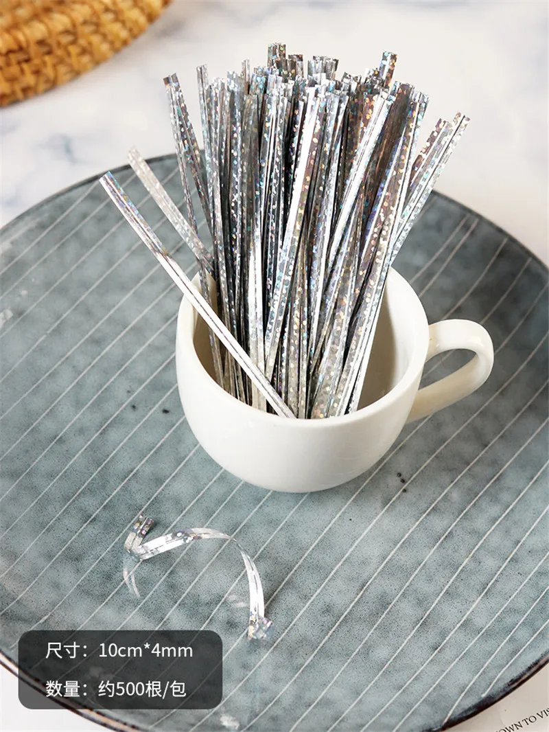 500 Stück 10cm Laser-Draht Metallische Drehverschlüsse DIY Backwaren-Verpackung Lollipop Dessert Süßigkeiten Verschluss Geschenktüten-Deko – Detail 7