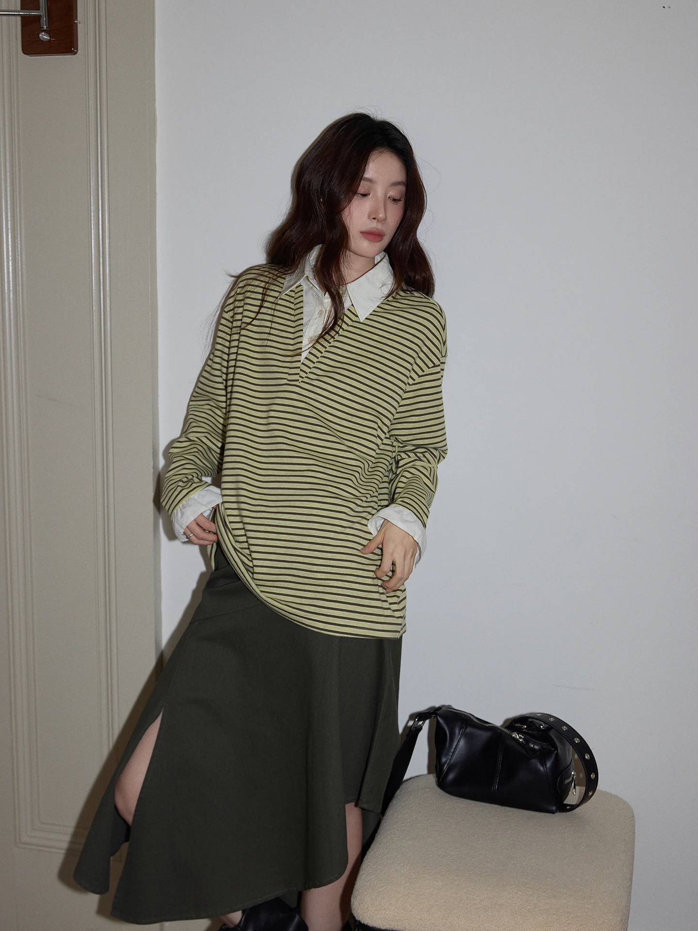 

Повседневная женская футболка с длинным рукавом в полоску и пэчворк, свободного кроя, осенне-зимняя, из смесового хлопка и полиэстера, удобный топ