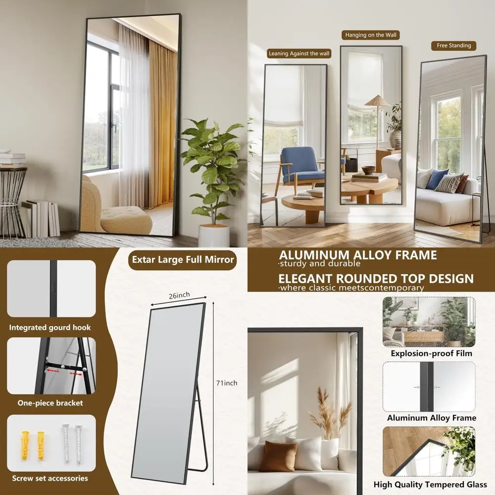 مرآة بإطار من الألومنيوم بطول كامل، 71 × 26 بوصة، قائمة بذاتها أو مثبتة على الحائط، مثالية لآثار الجسم بالكامل #1