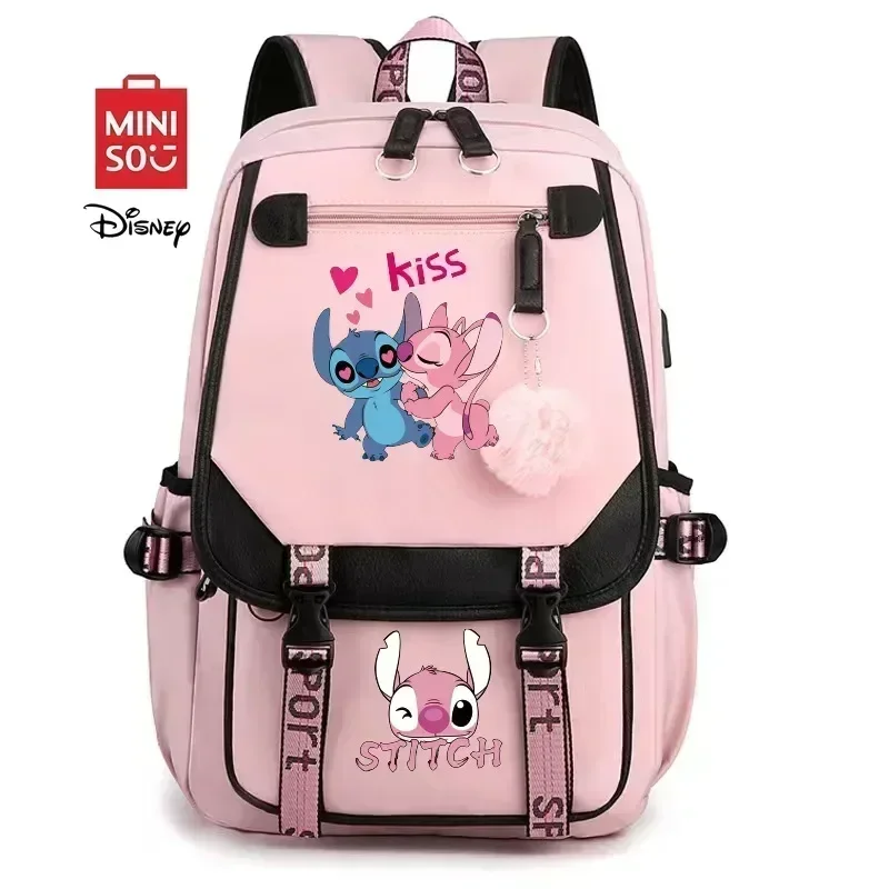 MINISO Disney New Arrival Stitch USB Charging Backpack - Cute Luggage for Boys Girls Functional USB Power Bank Student Bag Gift