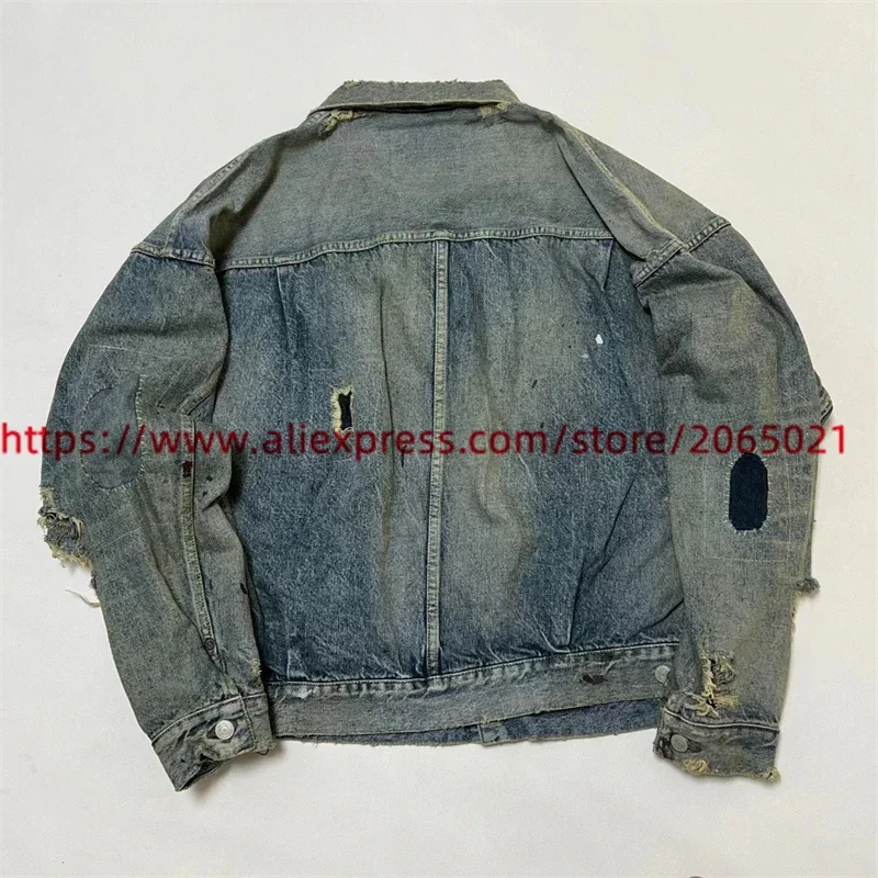 Washed SAINT DAMAGE Denim Work Jacket Jeans Men Women Best Quality Make Old Blue Heavy Fabric Coat