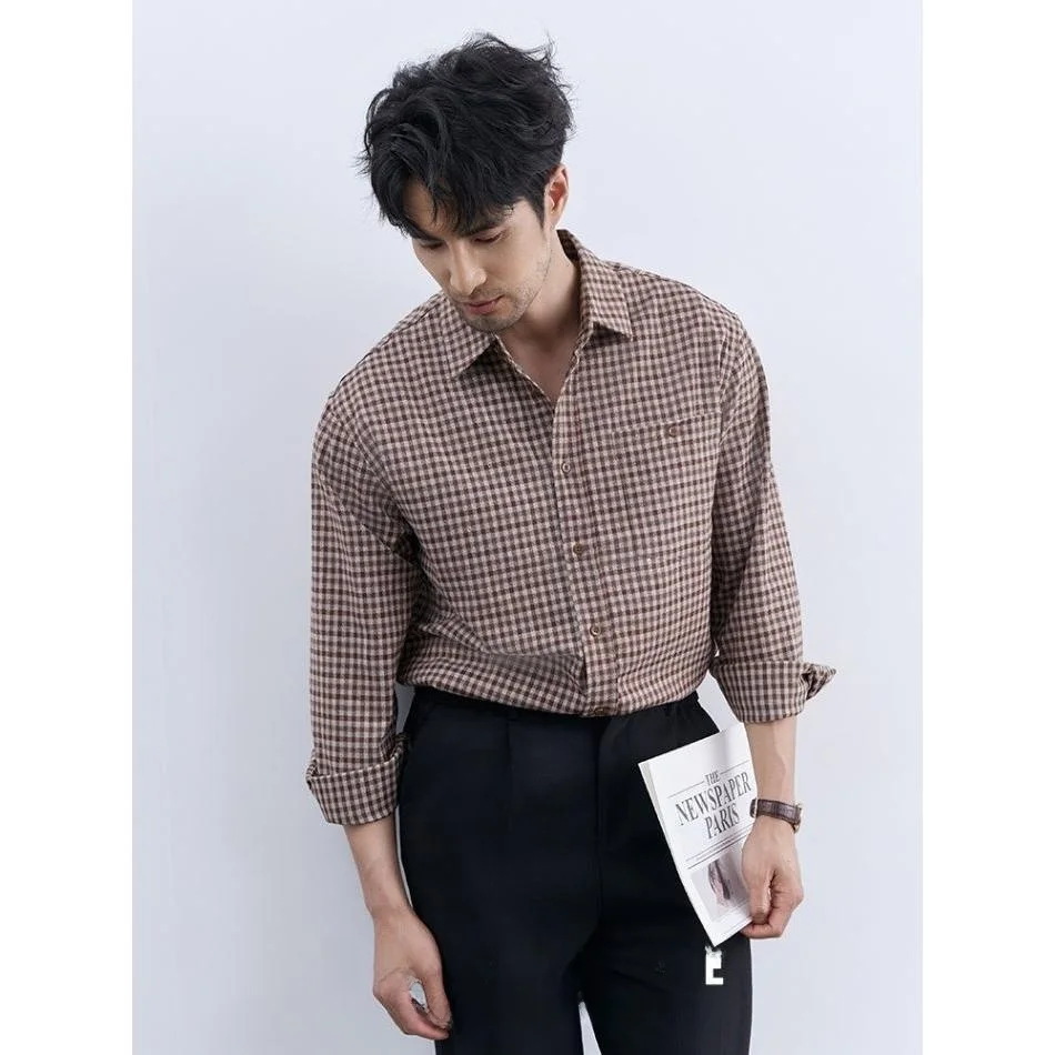 

Ele Busin Gentleman High-End Sensation Men's Caramel Plaid Long Sve Casual irt Spring Autumn Seasonal Wear