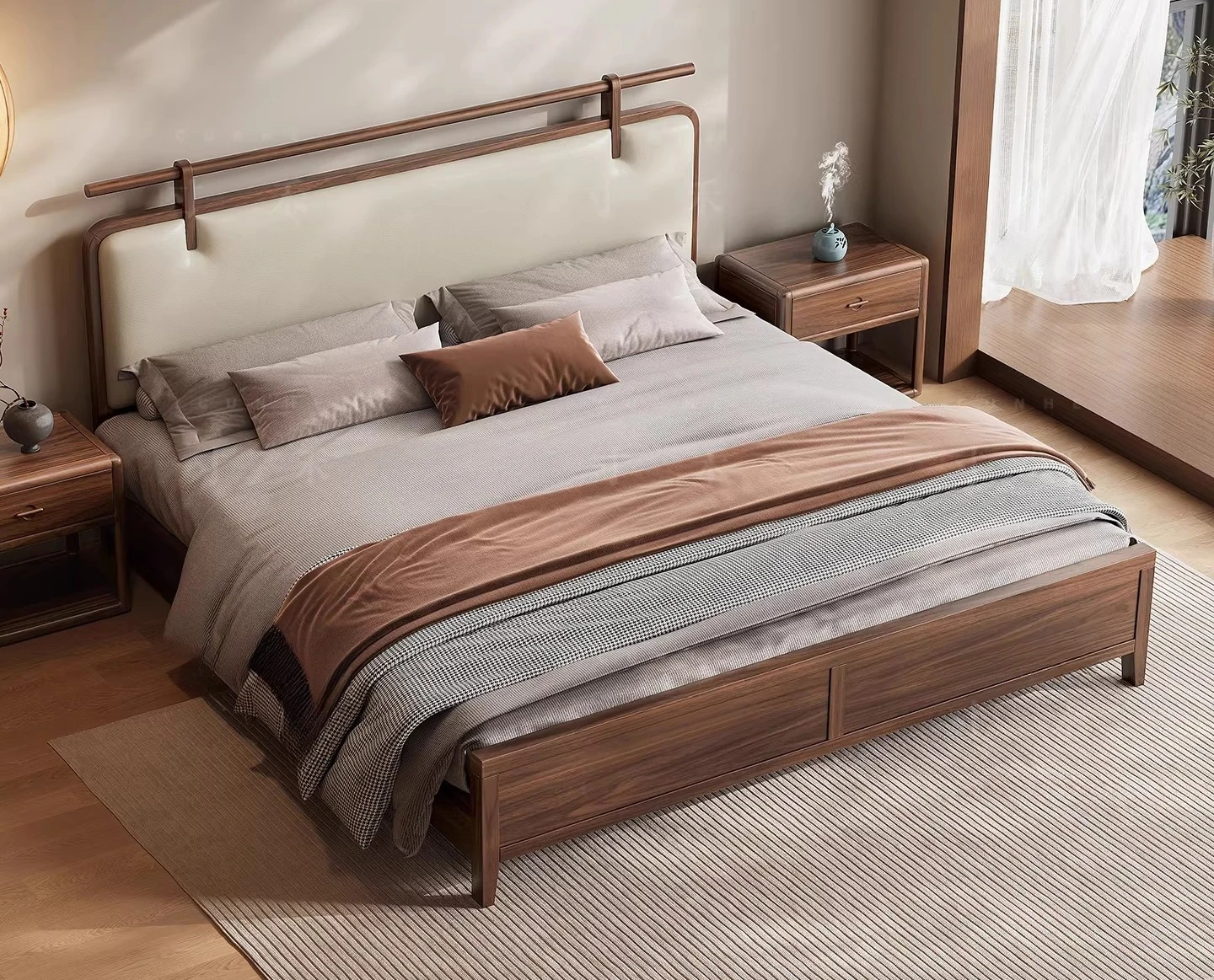 

Aesthetic Black Walnut Bed, New Chinese Bed, High-end Master Bedroom 1.8-meter Double Bed