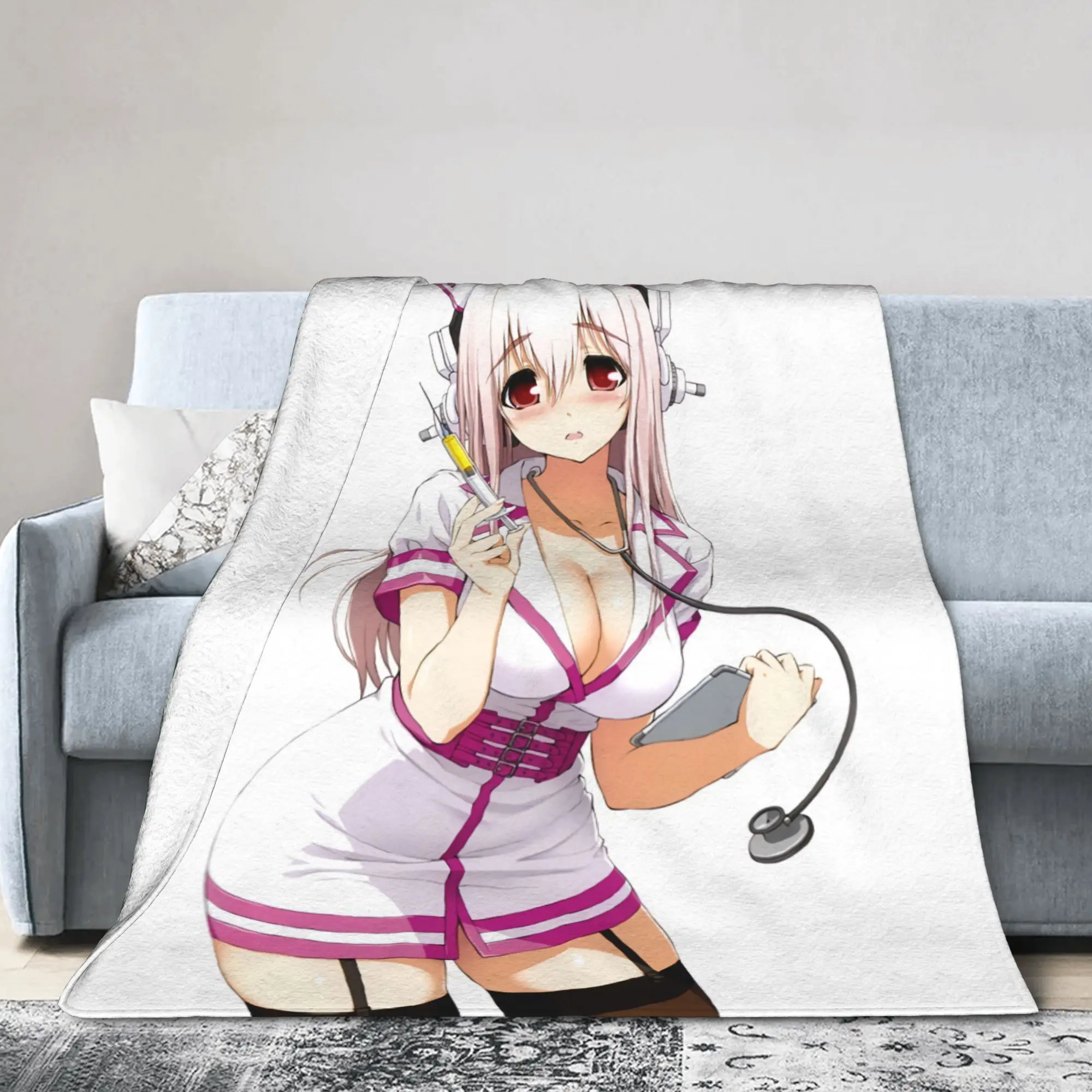 Super Sonicos Nurse Anime Manga Fuzzy Blankets  Funny Throw Blanket for Home 125*100cm Quilt,
