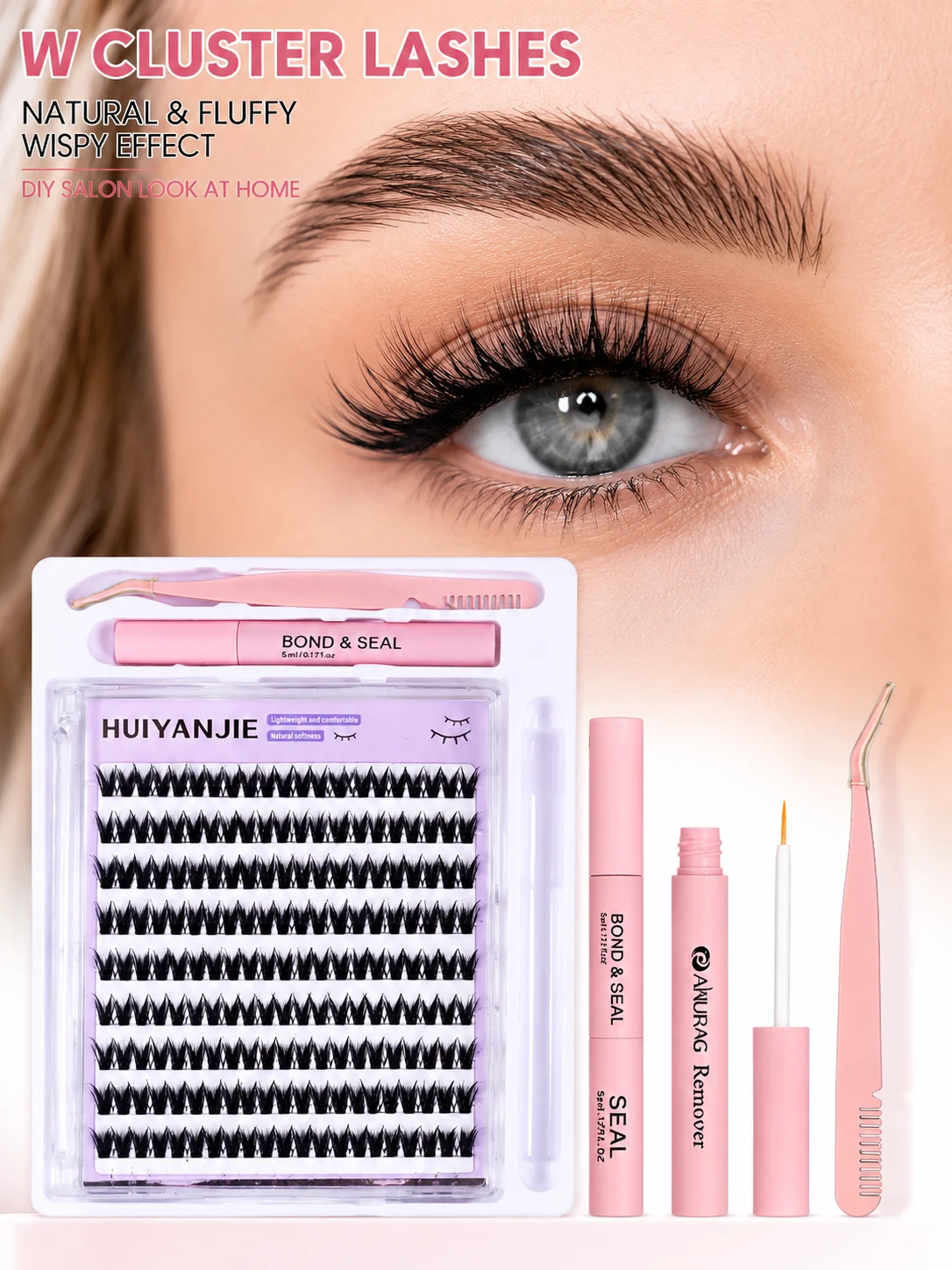 HUIYANJIE W Cluster Lashes Kit DIY Eyelash Extensions with Bond Seal Remover Tweezers Fluffy Wispy Individual Eyelashes Set
