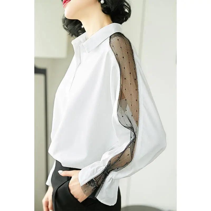 Women's Elegant Sexy Mesh Sheer Patchwork Chic Office Lady White Button Up Shirt Fashion Business Casual Long Sleeve Top Blouse