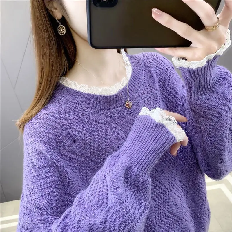 Sweet Fashion Spring/Summer Thin Women\'s Solid O-Neck Hollow Out Lace Patchwork Korean Casual Long Sleeve Pullovers Knitted Tops