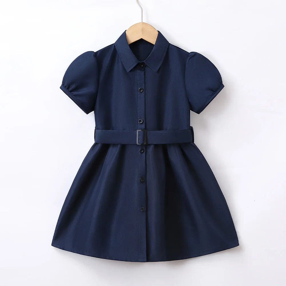 Girls Uniform Lapel Short Sleeve Button Dress Children\'s School Pinafores Clothes Little Lady Flocked Occasion Dress