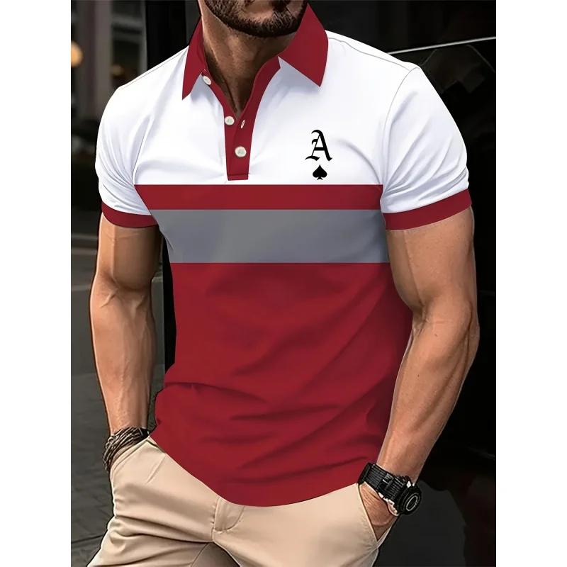 Men's striped sports golf shirts, summer fashion short-sleeved polo shirts and collared casual tops, outdoor street polo shirts