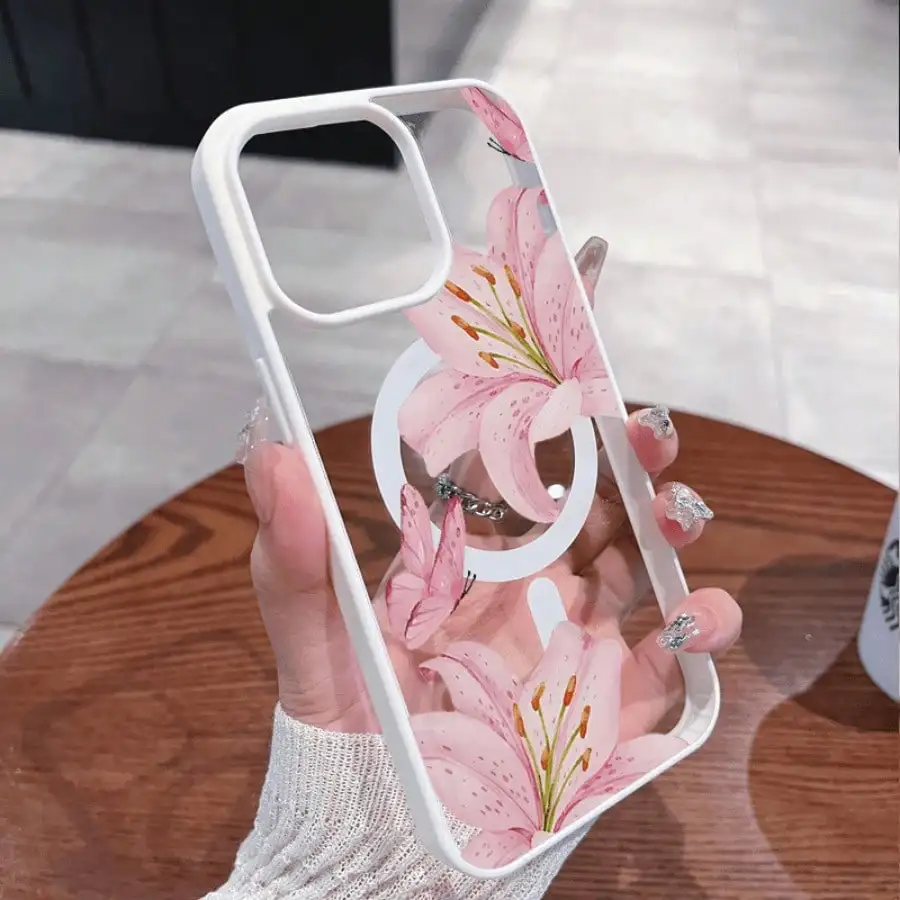 Pink Lily Magnetic Phone Case for iPhone 17 16 15 14 13 12 11Pro Max Plus. It features a stylish pattern design