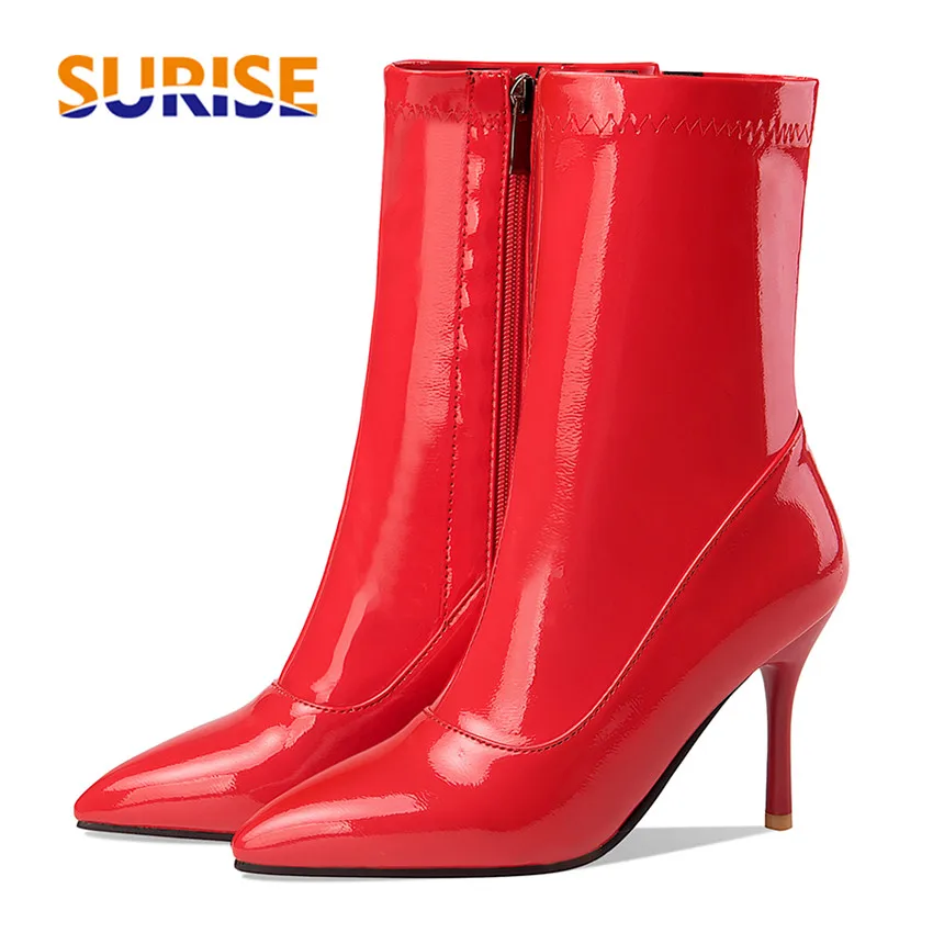 

Fashion Winter Women Ankle Boots Red Black Patent Leather Party Dress Office Lady Pointed Toe High Spike Heel Zipper Short Boots