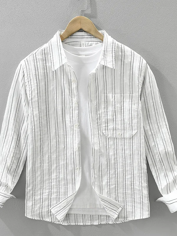 

Slimming Vertical Stripes Long Sve Loose Fit Collared Men's irt Casual Fre Sle Autumn New Trend Faionable Casual S...