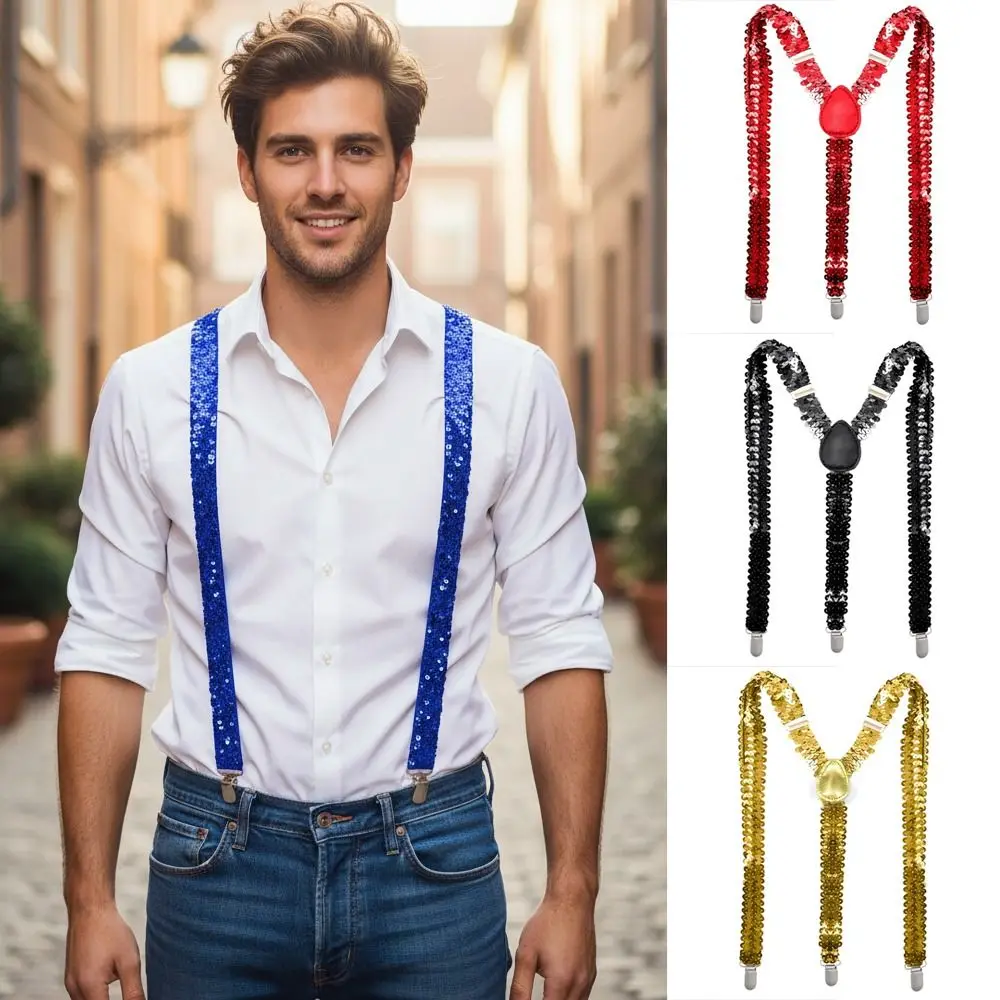 

Shinning Fish Scale Sequin Suspenders Elastic Party Stage Performances Y-back Suspenders 3-clip Adjustable Metal Clip Suspenders