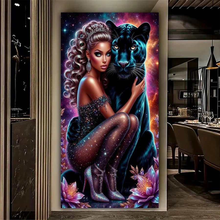

Sexy Beauty Black Panther Large Size Diy Diamond Painting Wild Animals Beautiful Girls Cougar Full Mosaic Embroidery Pictures