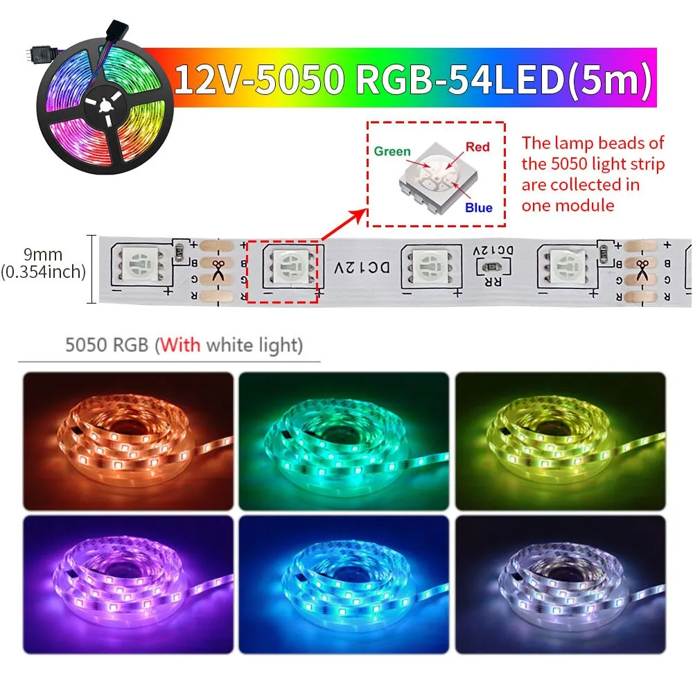 12V LED Strip Lights RGB 5050 5m 54 LEDs Bluetooth app điều khiển Luces Led linh hoạt Diode trang trí cho phòng khách đèn Ribbon