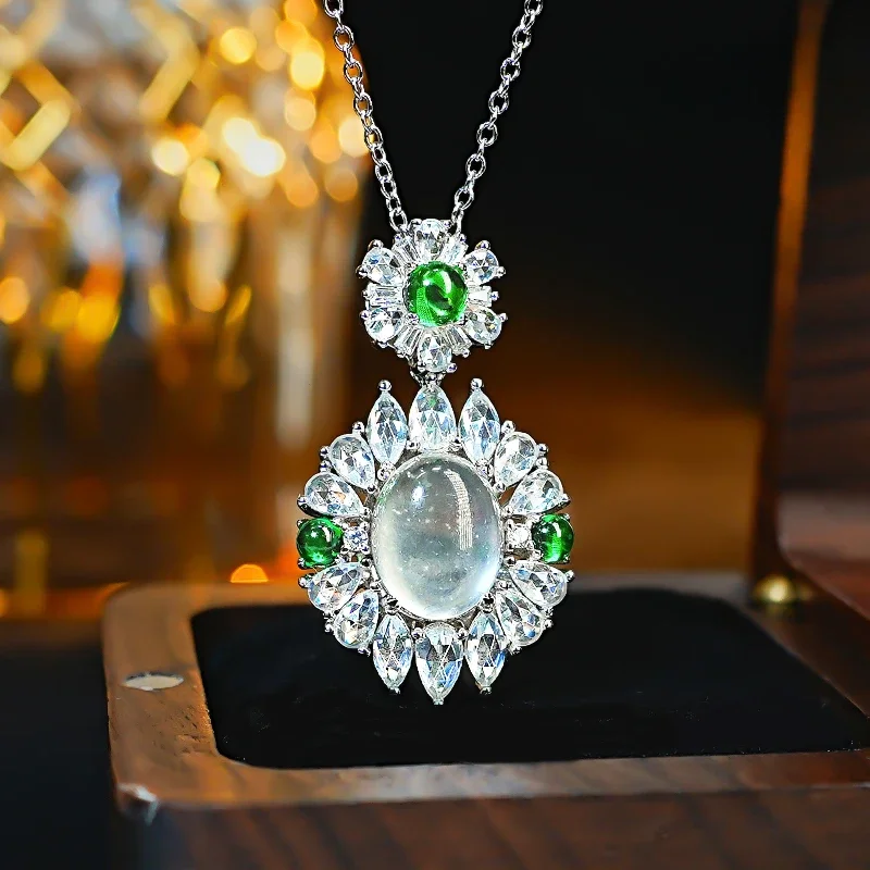 

Light luxury Natural Water Foam Jade 925 Silver Charm Pendant Set with High Carbon Diamond Ice Fluorescent Versatile Women