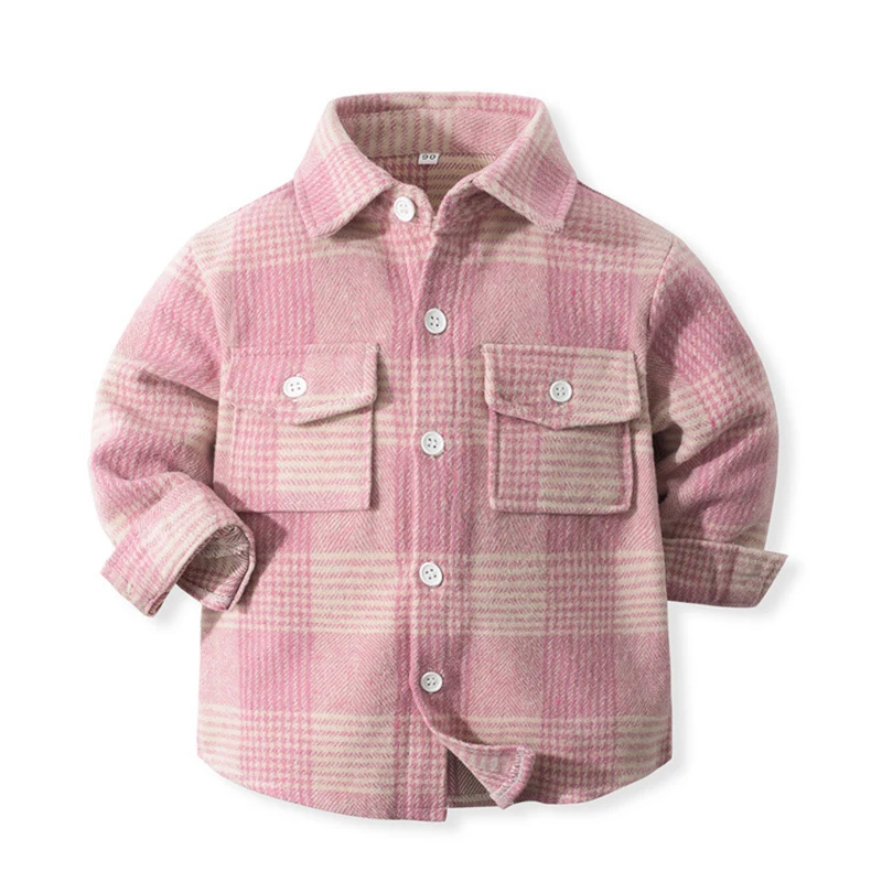 Spring Autumn Fashion Baby Boy Long Sleeve Cotton Plaid Shirt Lapel Collar Button Design Casual Classic Kids Thick Warm Blouses