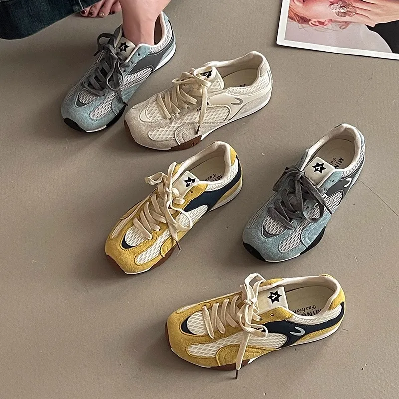 

Retro Splice Color Fiing Net Breathable Women's Running oes Soft Bot Me Sports Sneakers Comfortable Casual Footwear