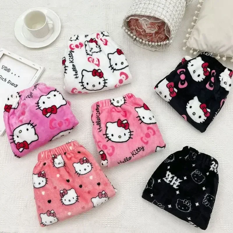 Anime Sanrio Hello Kitty Y2k Kawaii Flannel Pajamas Women's Warm Woolen Cartoon Casual Home Pants Autumn Winter Fashion Trousers