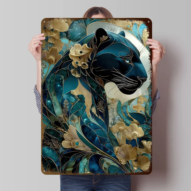 Elegantes Türkis-Gold Panther-Kunstposter, personalisierte Vintage-Metallschilder, Wandkunst, Retro-Blechschild für moderne Heimdekoration
