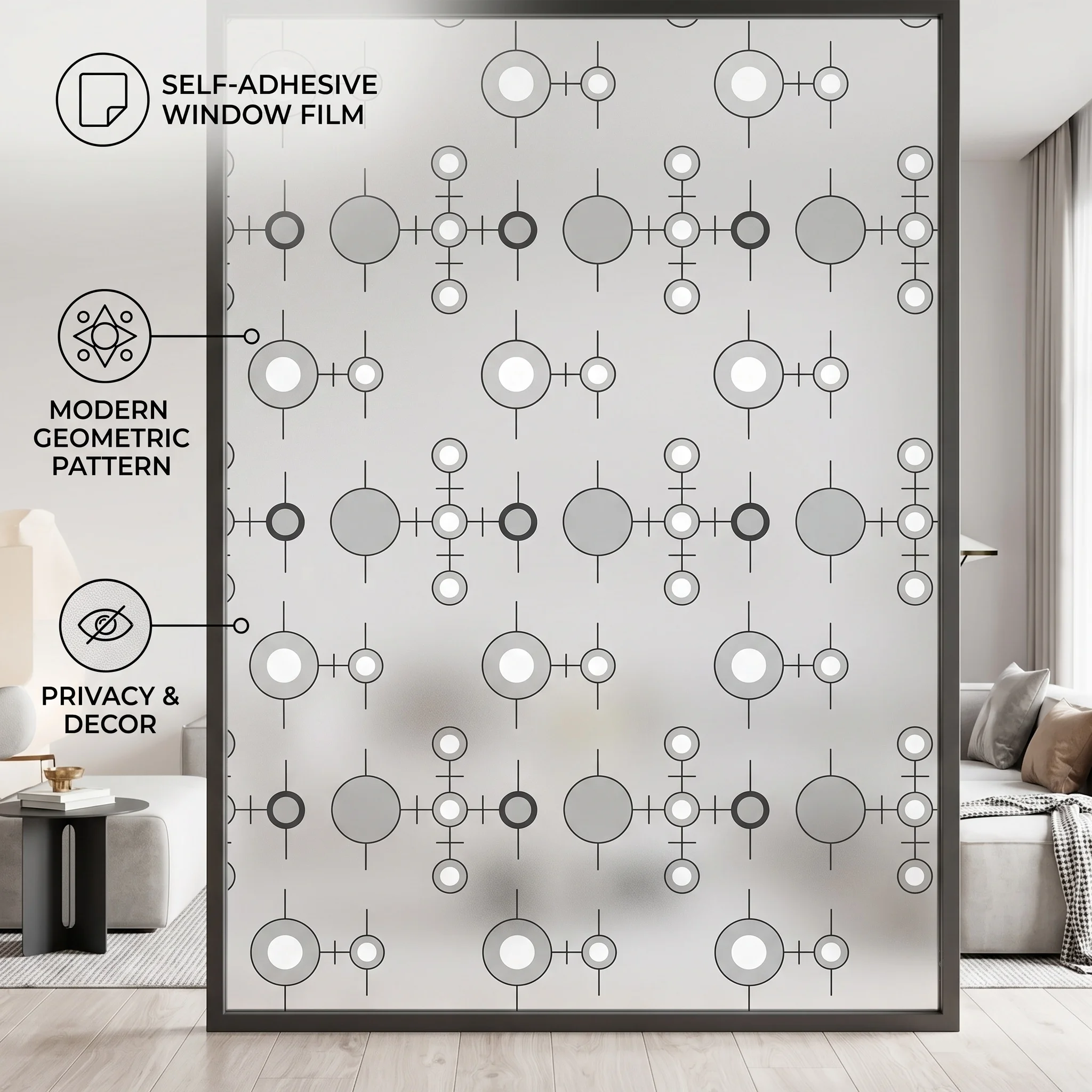 Self‑Adhesive Modern Geometric Circle Window Film Frosted Privacy Glass Sticker Anti‑UV Waterproof Decor Window Tint for Bathroo