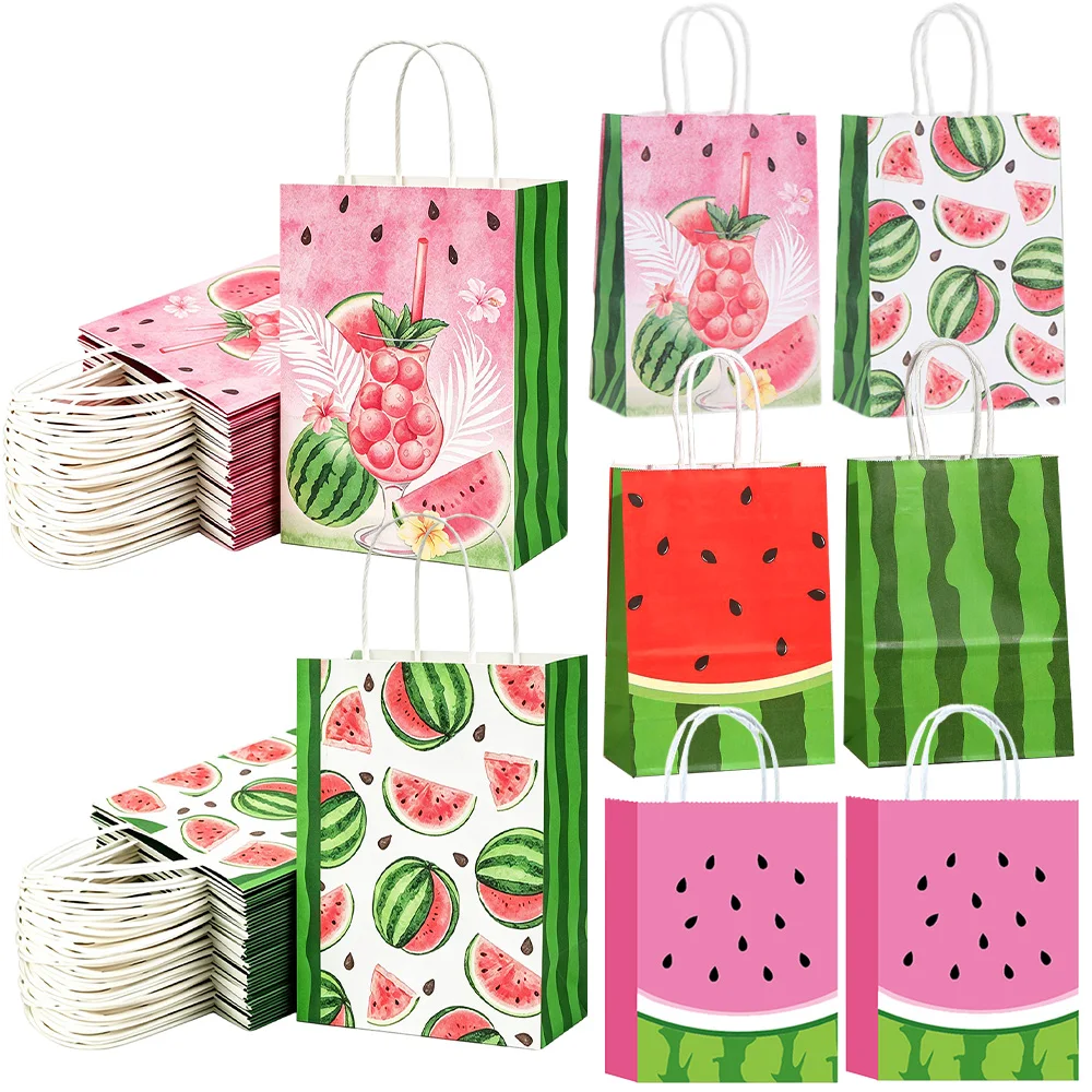 4-40 pièces Sacs cadeaux en papier kraft imprimés pastèque d'été, thème fruits tropicaux, sacs à bonbons pour piscine, plage, luau, fête d'anniversaire, faveurs