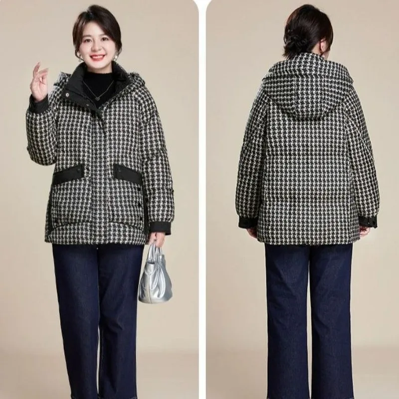 Women's Autumn Winter Top Coat Cotton Coat Houndstooth Warm Thickened Retro Simple Comfortable Loose Casual Soft Niche Versatile