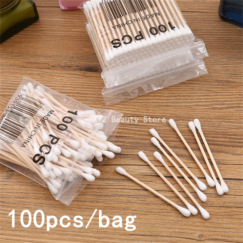 10/100pcs Double-Headed Cotton Swabs Women's Makeup Remover Buds with Wooden Sticks for Nose & Ear Cleaning Health Care Tools