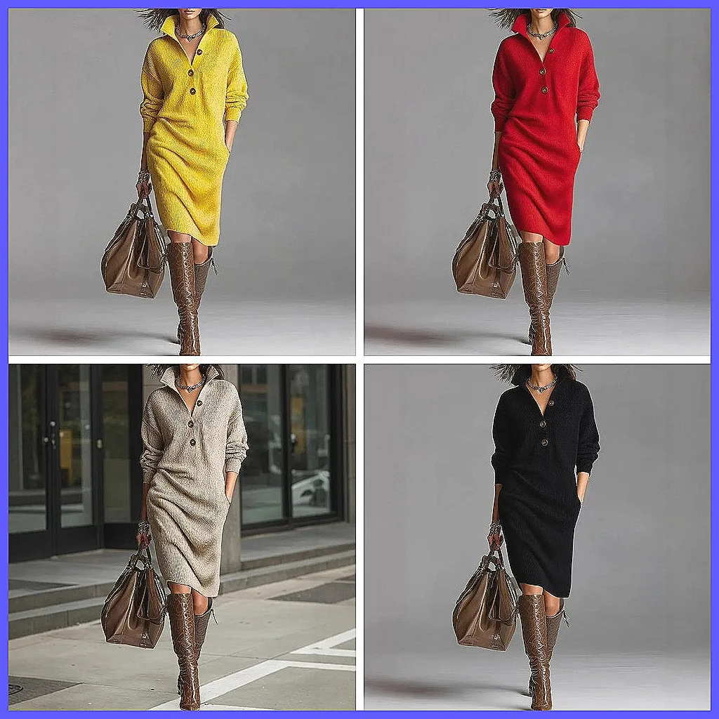 

Women's Knitted Sweater Dress Winter Turtleneck Casual Maxi Dress Single Breasted Vestidos