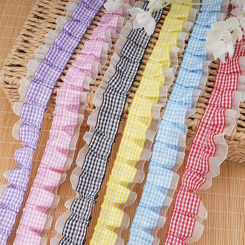 1-10 Yards Gingham Ruffled Lace Trim 3.5cm Wide Double Layer Pleated Lace Ribbon Organza with Checkered Fabric Lace for DIY Sew