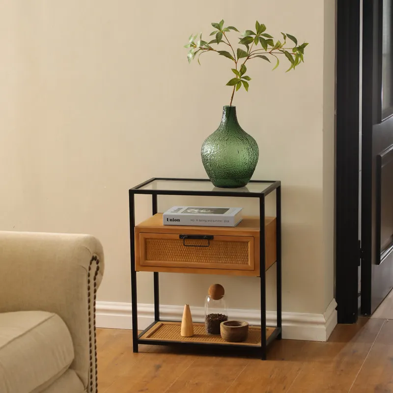 hh-Boho Rattan Drawer Side Table with Glass Top, 2-Tier Storage Nightstand with Black Metal Frame for Living Room & Bedroom^