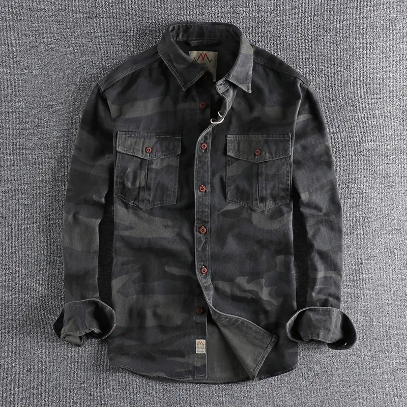 2023 Spring Autumn New Men\'s Wash Camouflage American Tooling Long-Sleeved Shirt Double Pocket Everything Casual Military Youth