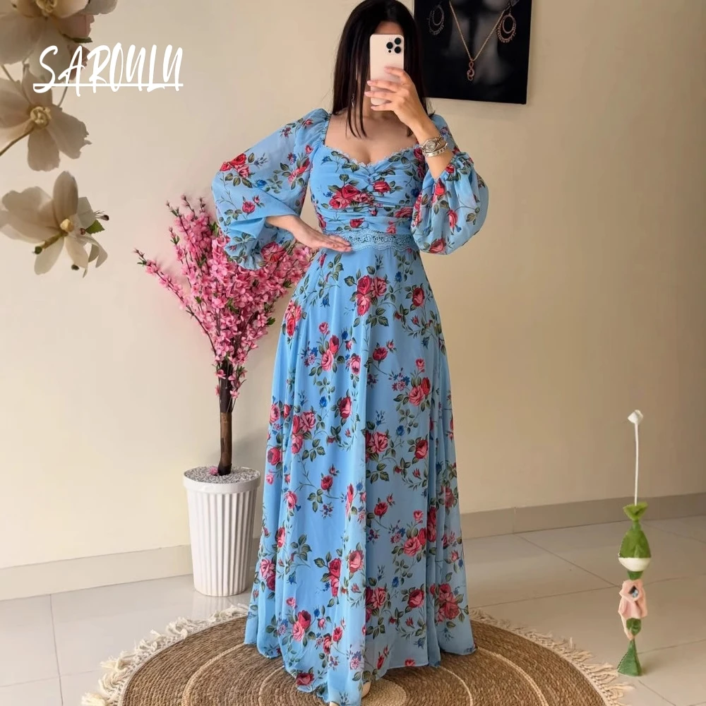 

Casual Spring Summer Lace V Neck Party Wear Women Chiffon Romantic Long Sleeves Dress the Middle East A Line Prom Gown