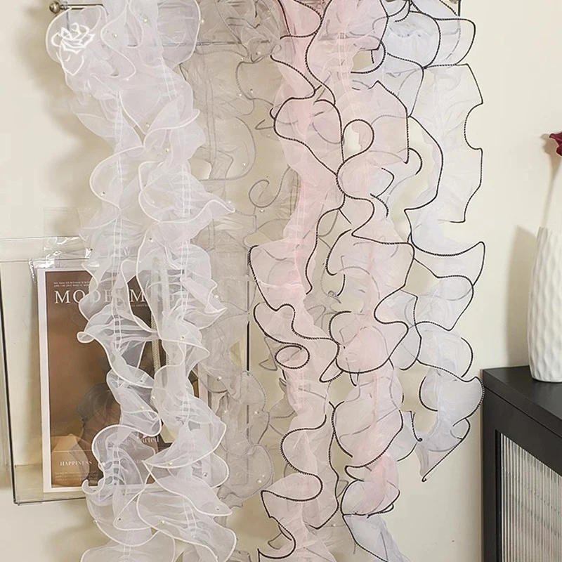 2M Organza Pleated Lace Fabric Beaded Ribbon Ruffle Edge Trim Cloth Skirt Cuffs Sewing DIY Crafts Gift Packing Accessories