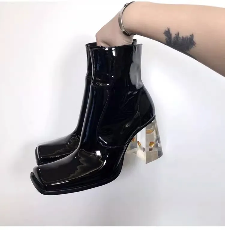 French Style Rose Crystal Chunky Heel Women Leather Boots Fashion Square Toe Hight Heel Ankle Zip Chelsea Boots Ladies Shoes