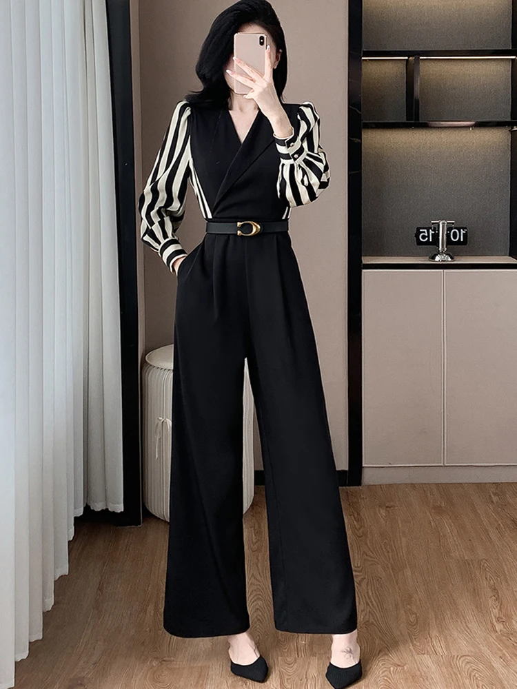 

Autumn Elegant Fashion Stripe Splicing Jumpsuit For Women V-Neck Long Sleeve Office OL High Waist Slim Belt Wide Leg Rompers